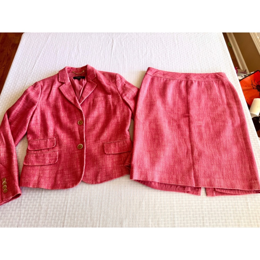 Talbots Pink Tweed Skirt Suit Set Size 10 Cotton Linen Blazer Pencil Skirt Pink